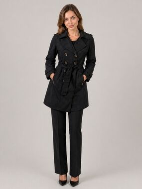 Calvin Klein Black Trench Coat Short Belted Double Breasted Women M Classic Chic